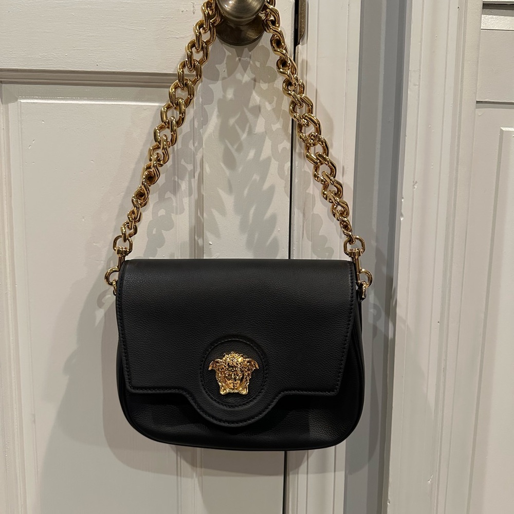 Versace Black Leather La Medusa Chain Shoulder Bag
